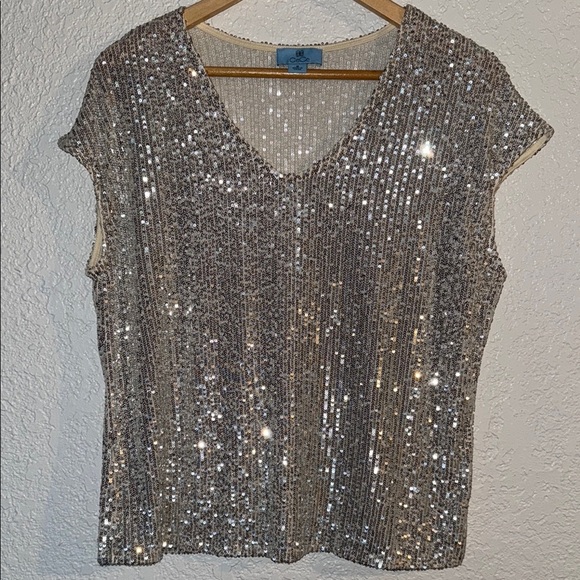 CeCe Silver Sequin Blouse with Cap Sleeves - Picture 1 of 4